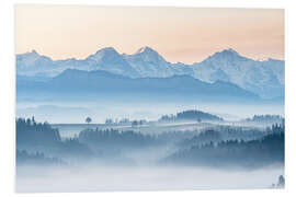 Foam board print Fog over the hill country of Emmental in front of the Eiger, Mönch and Jungfrau