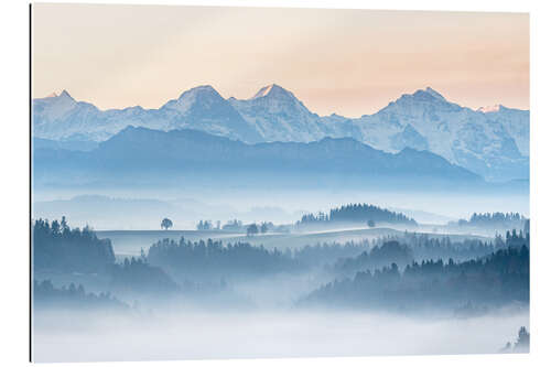 Tableau en plexi-alu Fog over the hill country of Emmental in front of the Eiger, Mönch and Jungfrau