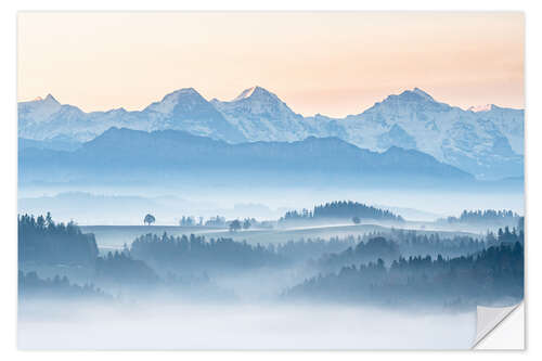 Sticker mural Fog over the hill country of Emmental in front of the Eiger, Mönch and Jungfrau