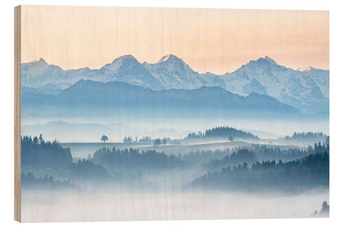 Wood print Fog over the hill country of Emmental in front of the Eiger, Mönch and Jungfrau