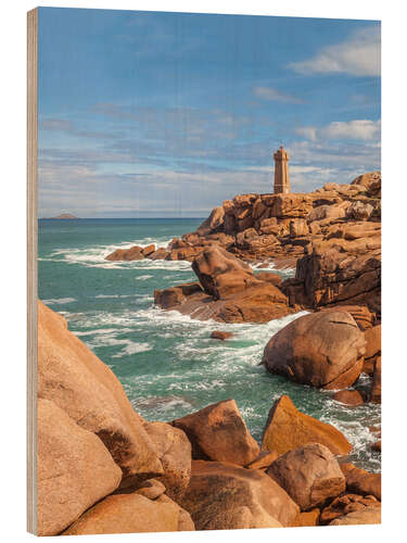 Holzbild Leuchtturm an der Rosa Granitküste, Bretagne