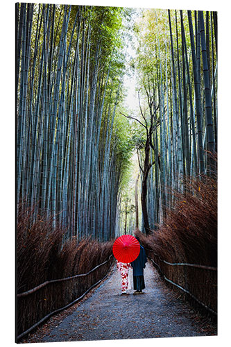 Quadro em alumínio Japanese couple at the bamboo forest