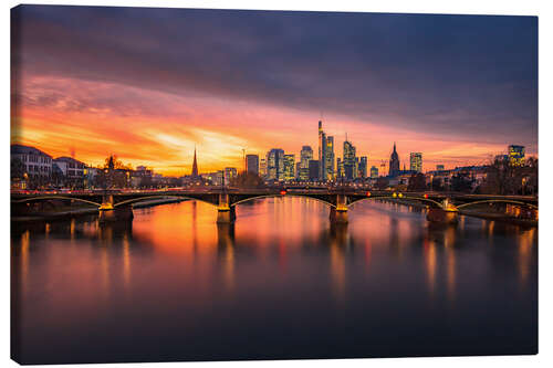 Canvas print Frankfurt skyline in sunset with lights