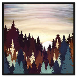 Gerahmter Kunstdruck Herbstwald Sonnenuntergang