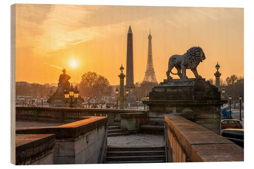 Holzbild Goldener Sonnenuntergang über der Skyline von Paris