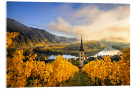 Akryylilasitaulu Moselle loop Bremm, vineyards in autumn with church tower