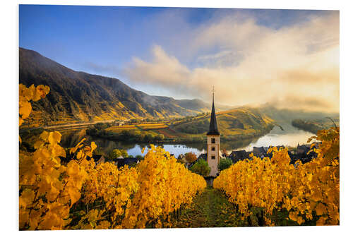 Hartschaumbild Moselschleife Bremm, Weinberge im Herbst mit Kirchturm