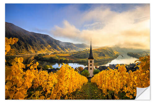 Vinilo para la pared Moselle loop Bremm, vineyards in autumn with church tower