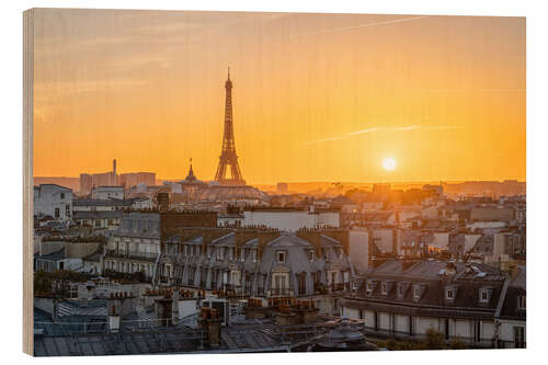 Holzbild Skyline von Paris bei Sonnenuntergang