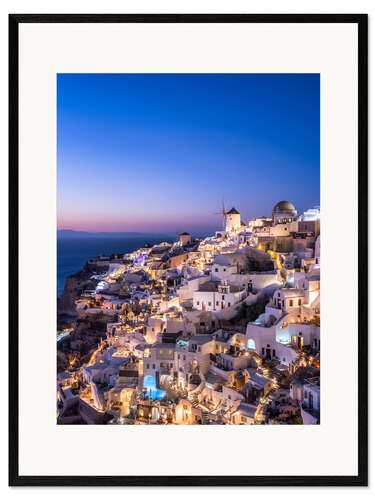 Gerahmter Kunstdruck Oia auf Santorini bei Nacht