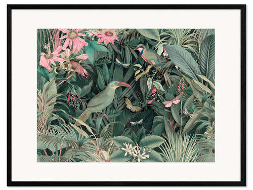 Framed art print Tropical Midnight Jungle Birds