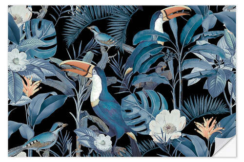 Selvklebende plakat Tropical Midnight Jungle Toucans