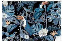 Muursticker Tropical Midnight Jungle Toucans