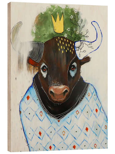 Hout print Pretty bull with a blue sweater