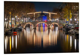 Aluminium print Bridge with lights reflected on water