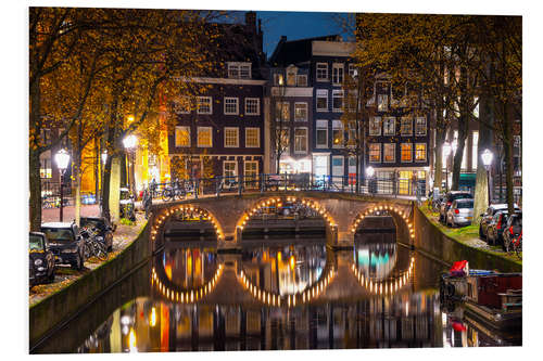 Cuadro de PVC Illuminated bridge at night in Amsterdam, the Netherlands