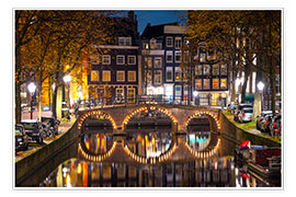 Poster Illuminated bridge at night in Amsterdam, the Netherlands