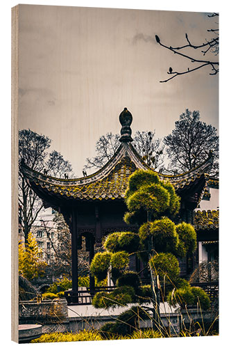 Tableau en bois China temple with bonsai