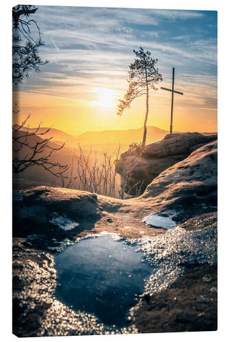 Canvas print Palatinate Forest, sunrise and summit cross