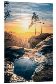 Tableau en plexi-alu Palatinate Forest, sunrise and summit cross