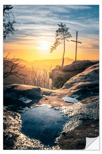 Selvklebende plakat Palatinate Forest, sunrise and summit cross