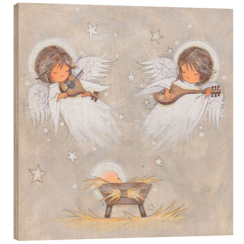 Hout print Baby Jesus with angels
