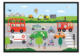 Gerahmter Kunstdruck Straßenszene mit vielen Fahrzeugen