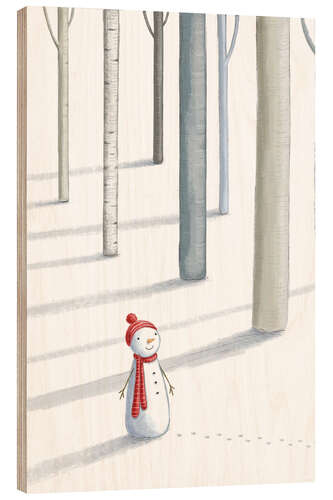 Wood print Little snowman in the winter forest