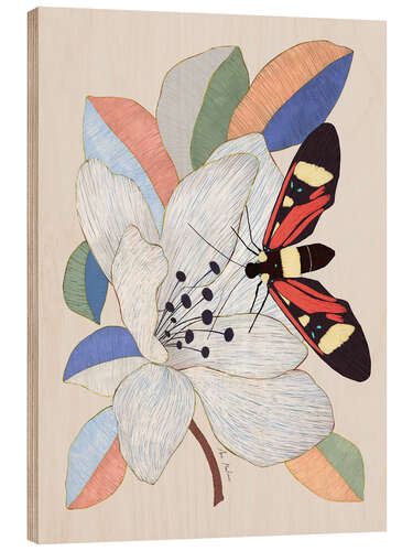 Wood print Magnolia blossom and moth