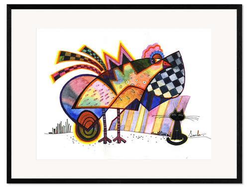 Ingelijste kunstdruk Chicken with Egg and Little Black Cat