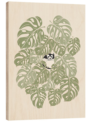 Hout print The cat and the monstera