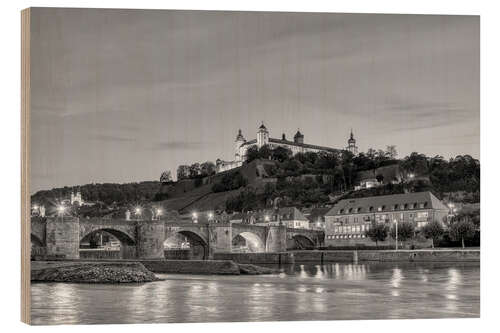 Wood print Würzburg in the evening, black and white