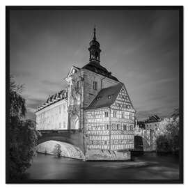 Gerahmter Kunstdruck Altes Rathaus in Bamberg, schwarz-weiß