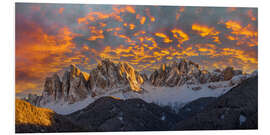 Tableau en PVC Sunset over the Geisler Spitzen, Südtriol, Val Di Funes