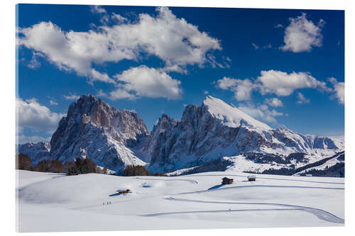 Acrylic print Winter on the Alpe di Siusi with a view of the Sassolungo and Plattkofel