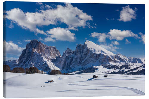 Leinwandbild Winter auf der Seiser Alm mit Blick auf Langkofel und Plattkofel