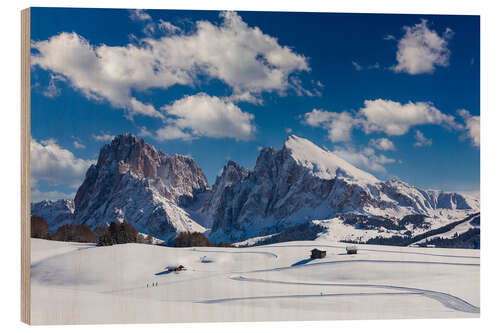 Quadro de madeira Winter on the Alpe di Siusi with a view of the Sassolungo and Plattkofel