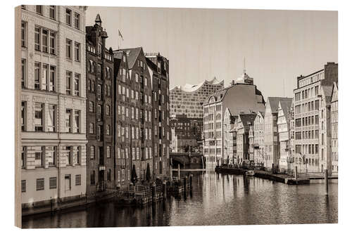 Wood print Nikolaifleet and Elbphilharmonie in Hamburg