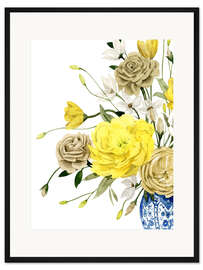 Gerahmter Kunstdruck Gelb-blaues Blumenbouquet I