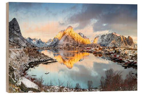 Holzbild Fischerdorf Reine Bay, Lofoten Norwegen