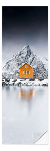 Selvklebende plakat Traditional rorbu hut in winter, Norway