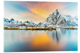 Acrylic print Burning skies over Sakrisoy and Olstind, Norway