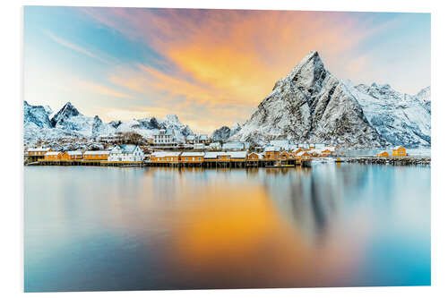 Tableau en PVC Burning skies over Sakrisoy and Olstind, Norway