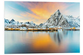 Tableau en PVC Burning skies over Sakrisoy and Olstind, Norway