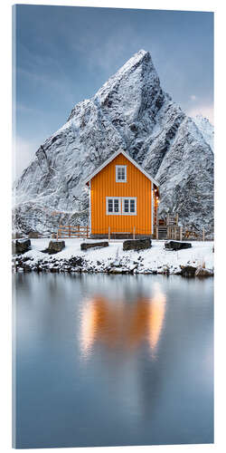 Acrylglas print Dusk over a fishing hut by the sea, Norway