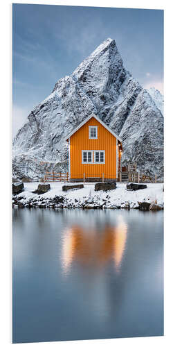 Tableau en PVC Dusk over a fishing hut by the sea, Norway