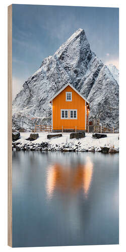 Holzbild Abenddämmerung über einer Fischerhütte am Meer, Norwegen