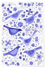 Wall sticker Blue Watercolor Birds in a Flower Garden