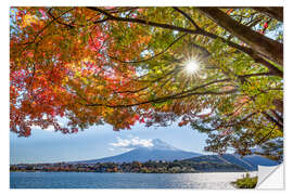 Selvklebende plakat Autumn at Lake Kawaguchi in front of Mount Fuji