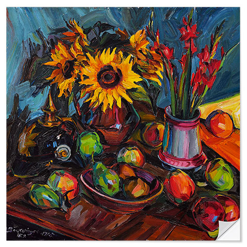 Naklejka na ścianę Still life with flowers with sunflowers, gladioli and pimple helmet